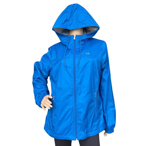 Calvin Klein M Blue Full Zip Rain Jacket Hooded Windbreaker Fleece Lined Coat - Picture 1 of 9